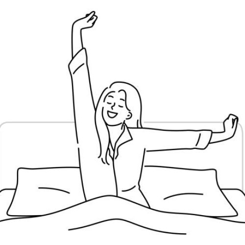 Happy young woman stretch waking up in bed at home. Smiling girl enjoy good morning in bedroom. Relaxation concept. Vector illustration.
